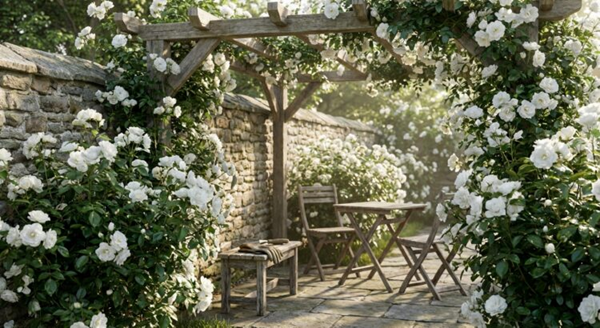 Ce rosier grimpant blanc pousse vite et fleurit presque toute l’année