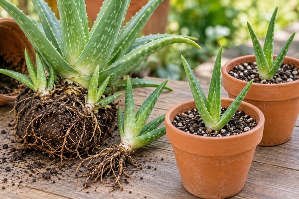 Aloès adulte avec jeunes rejets séparés et replantés dans des pots en terre cuite