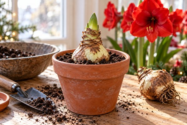 Bulbe d’amaryllis planté en pot près d’une fenêtre, avec des fleurs rouges en arrière-plan.