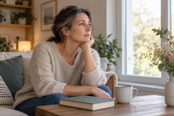 Femme pensive assise près d’une fenêtre, un livre fermé devant elle
