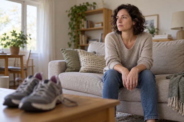Femme assise sur un canapé, le regard distant, avec des chaussures de marche au premier plan.
