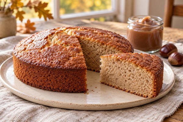 Gâteau Ardéchois à la crème de marrons, avec une part découpée montrant sa mie moelleuse.