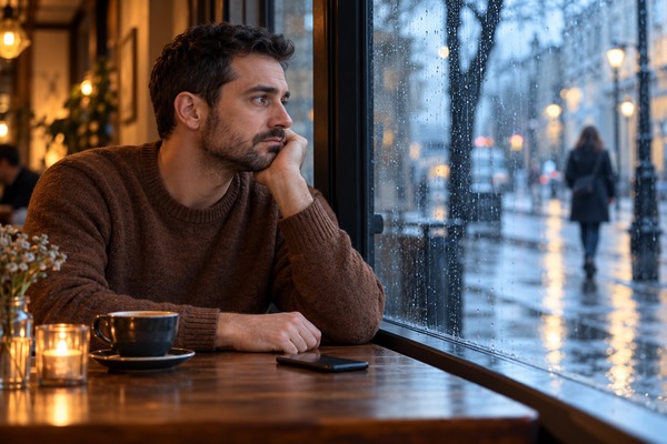Homme pensif près d’une fenêtre de café, son téléphone posé sur la table