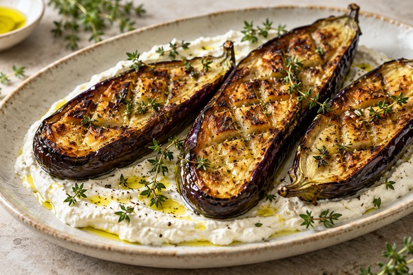 Aubergines rôties au miel et au thym sur un lit de féta fouettée