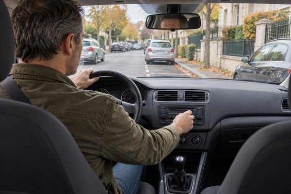 Conducteur réglant l’autoradio dans une voiture à l’arrêt avant une manœuvre de stationnement.