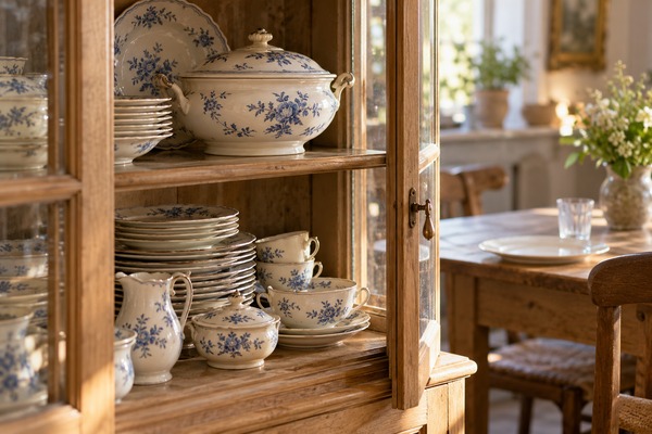 Service de porcelaine à motifs bleus conservé dans un buffet vitré près d’une table dressée simplement