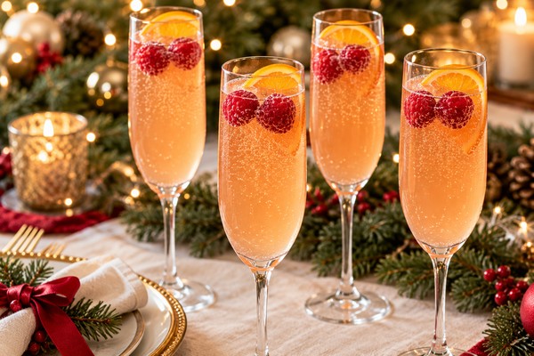 Quatre cocktails pétillants à la pêche sans alcool, garnis de framboises et d’orange sur une table de Noël