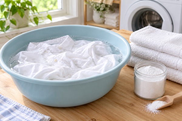 Linge blanc trempant dans une bassine avec du percarbonate de soude