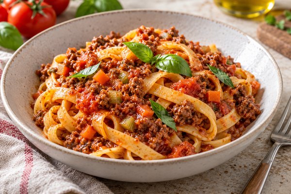 Fettuccine enrobées de sauce bolognaise au bœuf et aux légumes, garnies de basilic