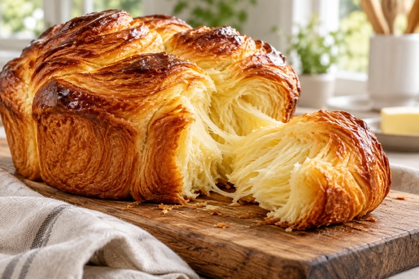 Brioche feuilletée dorée dont une portion détachée révèle la mie en rubans