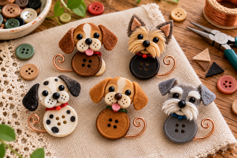 Cinq broches de chiens en boutons et feutrine sur une toile beige