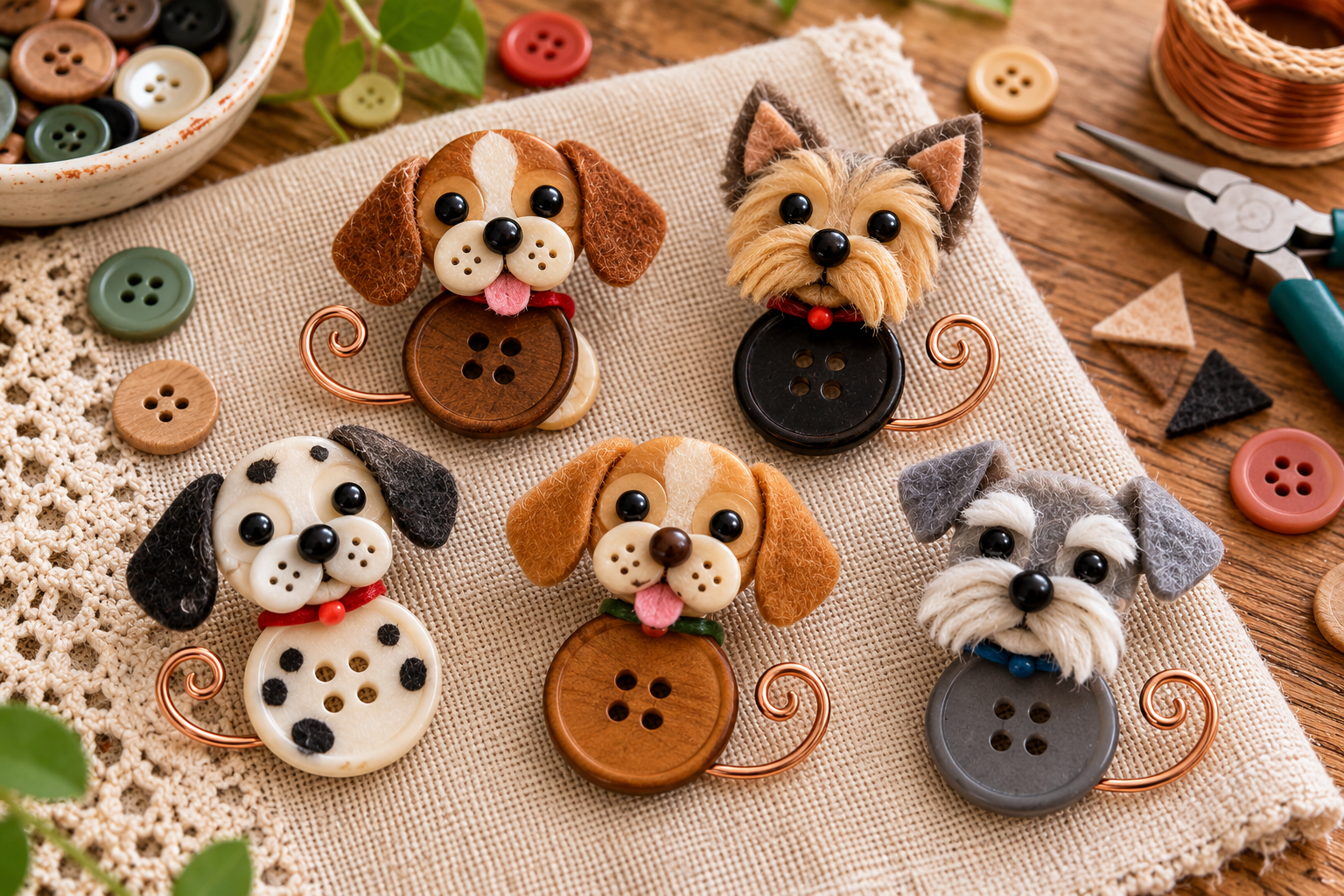 Cinq broches artisanales en boutons en forme de chiens