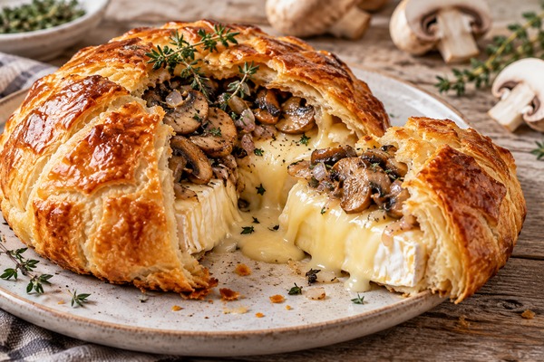Camembert fondant aux champignons et au thym dans une pâte feuilletée dorée