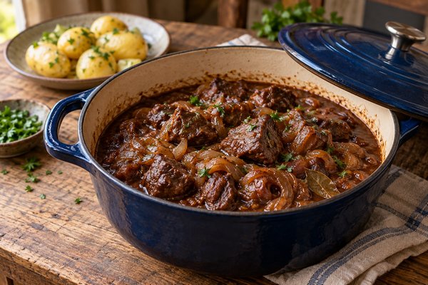 Carbonade flamande au bœuf et aux oignons dans une cocotte, accompagnée de pommes de terre vapeur