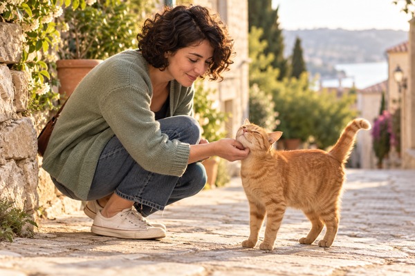 Une femme caresse doucement un chat roux venu à sa rencontre dans une ruelle