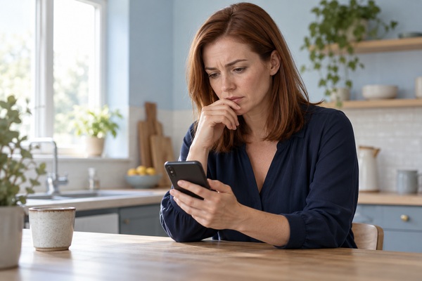 Femme au regard inquiet consultant son téléphone dans une cuisine.