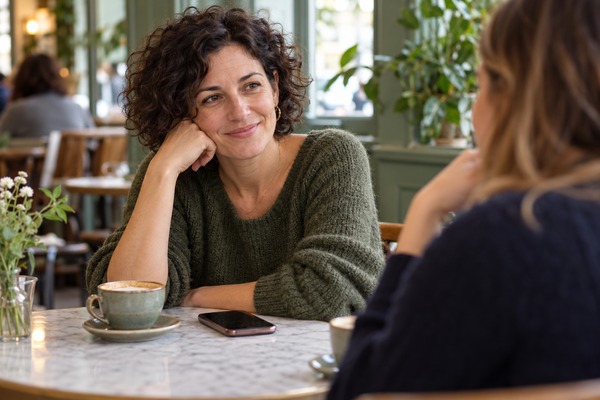 Une femme souriante échange avec une amie dans un café, son téléphone posé sur la table.