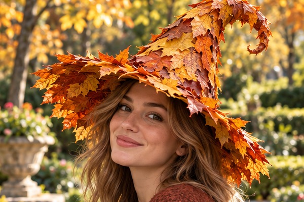Chapeau de sorcière artisanal décoré de feuilles d’automne jaunes et orangées