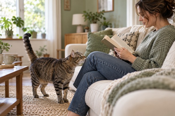 Un chat tigré approche une femme qui lit calmement sur un canapé