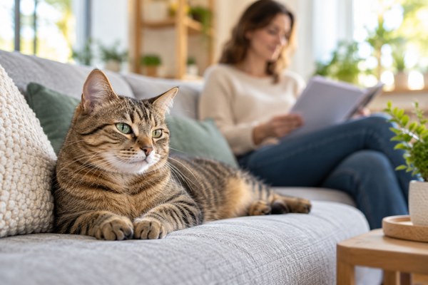 Chat tigré détendu sur un canapé avec une personne lisant en arrière-plan