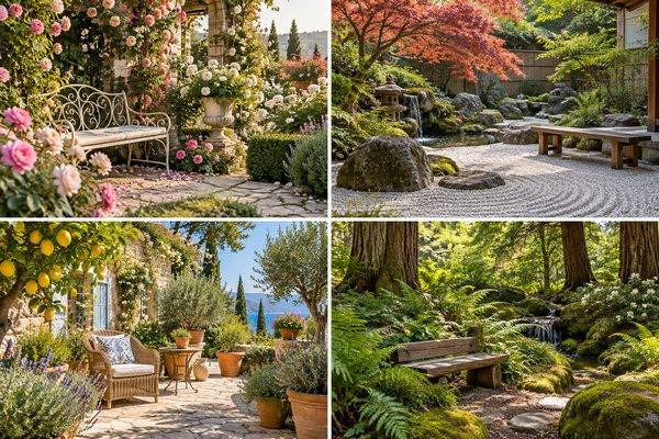Quatre jardins au choix : fleuri en haut à gauche, japonais en haut à droite, méditerranéen en bas à gauche et boisé en bas à droite