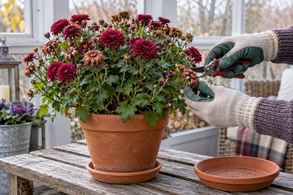 Retrait de fleurs fanées sur un chrysanthème en pot placé dans une véranda lumineuse.