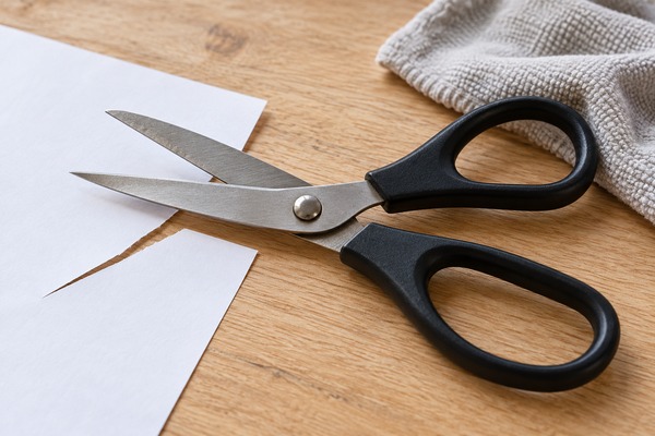 Ciseaux domestiques ouverts sur une table avec une feuille de papier et un chiffon.