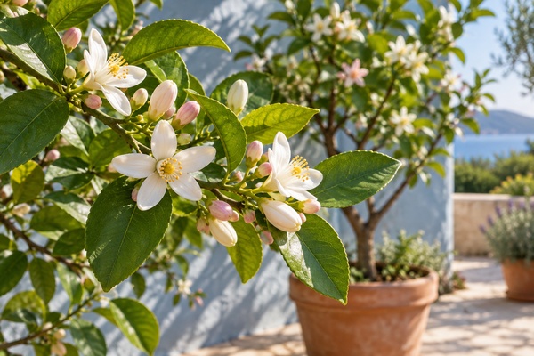 Branche de citronnier portant des fleurs blanches et des boutons rosés, sans citron visible