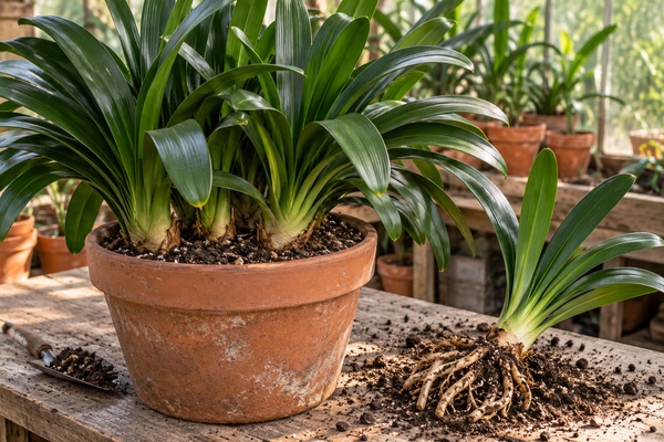 Clivia serré dans son pot et rejet séparé avec ses feuilles et ses racines