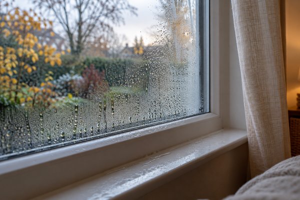 Gouttes de condensation sur la face intérieure d’une fenêtre au petit matin
