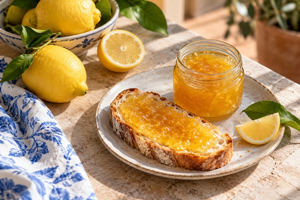 Pot de confiture de citron et tartine, accompagnés de citrons frais