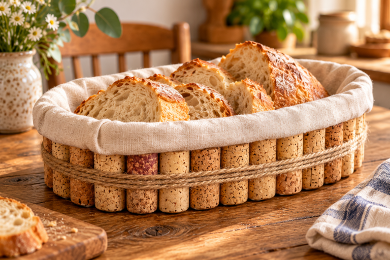Corbeille artisanale en bouchons de liège avec doublure en tissu et pain rustique