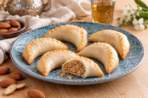 Cornes de gazelle aux amandes sur une assiette bleue, dont une ouverte montrant la farce