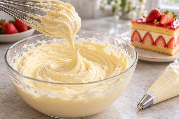 Crème mousseline à la vanille dans un bol avec un fouet et une poche à douille