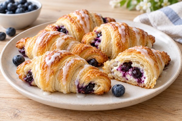 Petits croissants dorés garnis de myrtilles et de fromage frais avec un filet de glaçage