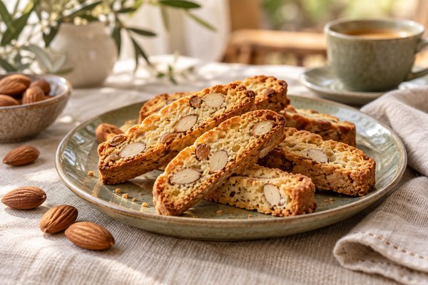 Biscuits croquants dorés avec des amandes entières visibles en coupe, disposés dans une assiette