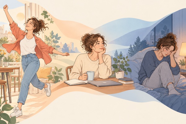 Illustration d’une femme à différents moments, énergique, calme puis abattue.