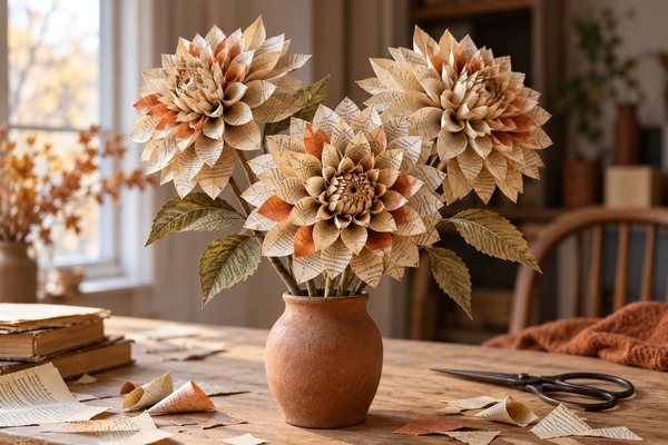 Bouquet de dahlias en papier de livre aux touches orangées dans un vase en terre cuite