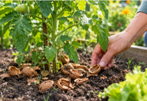 des coquilles de noix au pied de leurs plantes