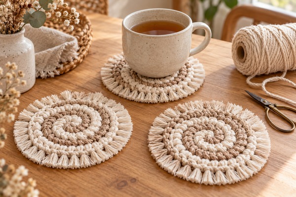 Dessous de verre ronds en coton écru et beige avec franges sur une table en bois