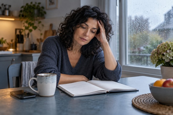 Femme pensive devant son agenda après avoir accepté un engagement