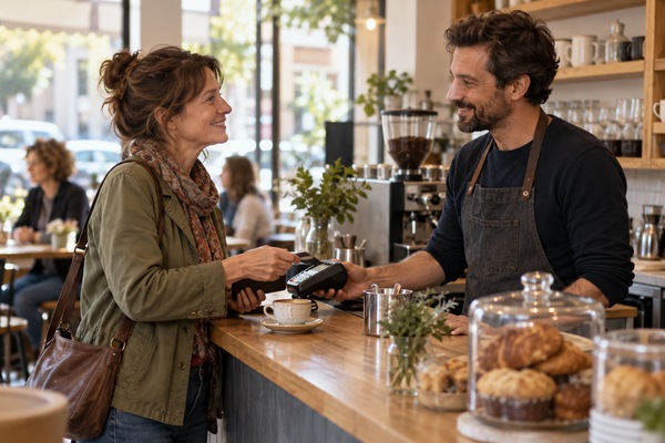 Une cliente échange un sourire et quelques mots avec un barista au comptoir d’un café