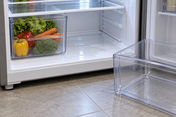 Une petite flaque d’eau au fond d’un réfrigérateur, sous un bac à légumes retiré.