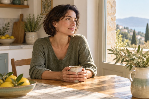 Femme pensive tenant une tasse près d’une fenêtre dans une cuisine lumineuse.