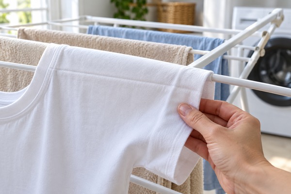 Une main examine un pli sur un tee-shirt blanc posé sur la barre d’un étendoir