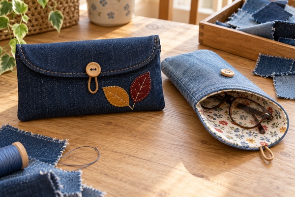 Étuis à lunettes en jean recyclé, doublure fleurie et feuilles décoratives cousues