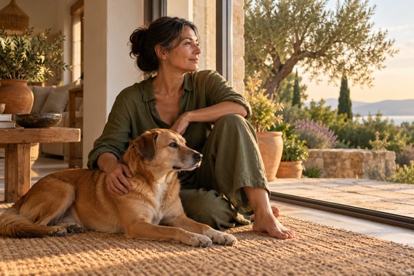 Une femme assise près d’une baie vitrée caresse son chien dans une maison lumineuse.