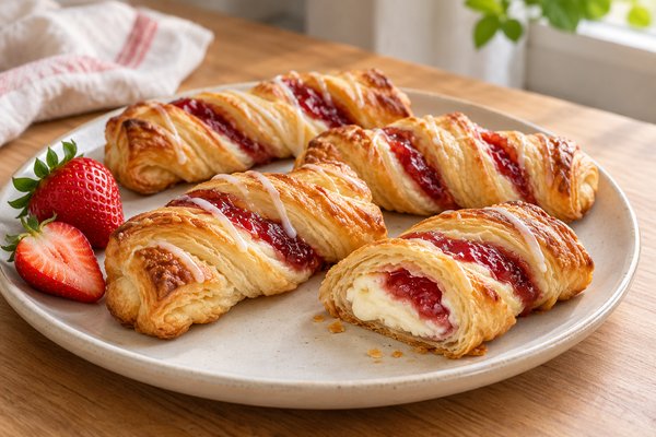 Feuilletés dorés garnis de confiture de fraises et de fromage frais, avec un léger glaçage.