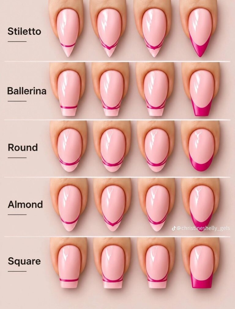 Comparaison des formes stiletto, ballerine, arrondie, amande et carrée avec une french manucure rose.