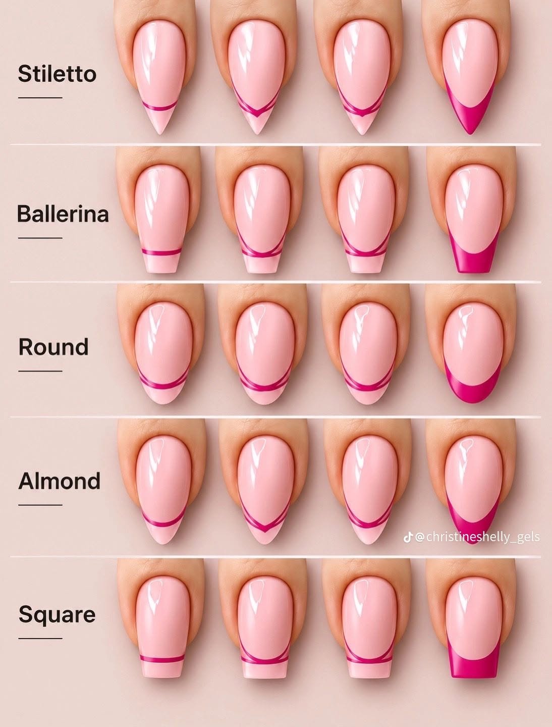 Comparaison des formes stiletto, ballerine, arrondie, amande et carrée avec une french manucure rose.